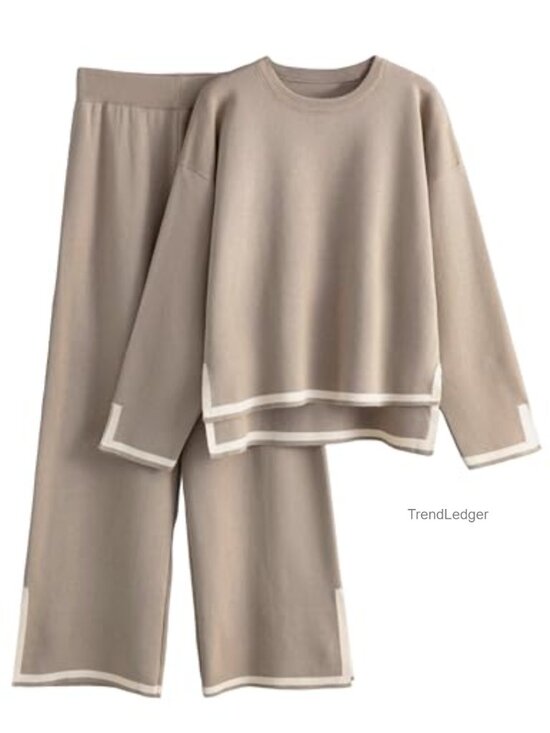 Pants - Women's 2 Piece Lounge Set Knit Sweater Top Wide Leg Pants Tracksuit